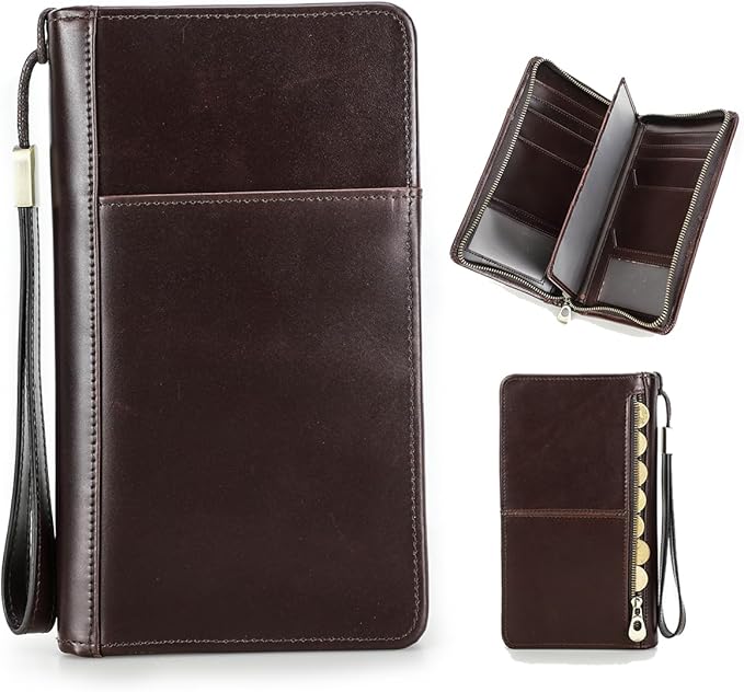 CONTACTS Travel Passport Wallet for 4 Leather Family Passport Holder Clutch Wallet Zipper Wrist Card Purse RFID Blocking with 13 Card Slot Fit up 4 Passports