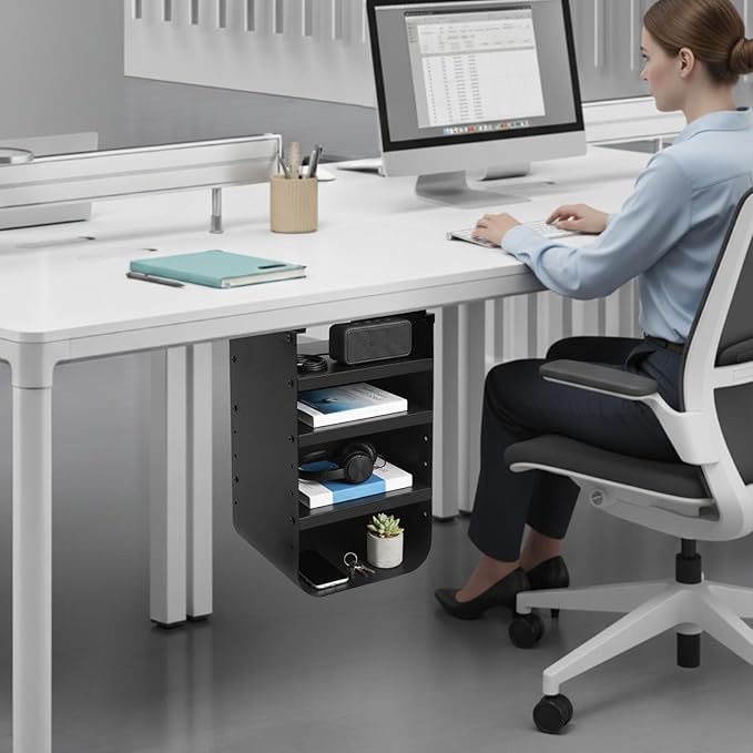 Under Desk Storage, Under Desk Shelf, 4-Tier Adjustable Storage Shelf with Sturdy Metal Frame, Space Saving Open Organizer for Home Office, Study Room, Living Room