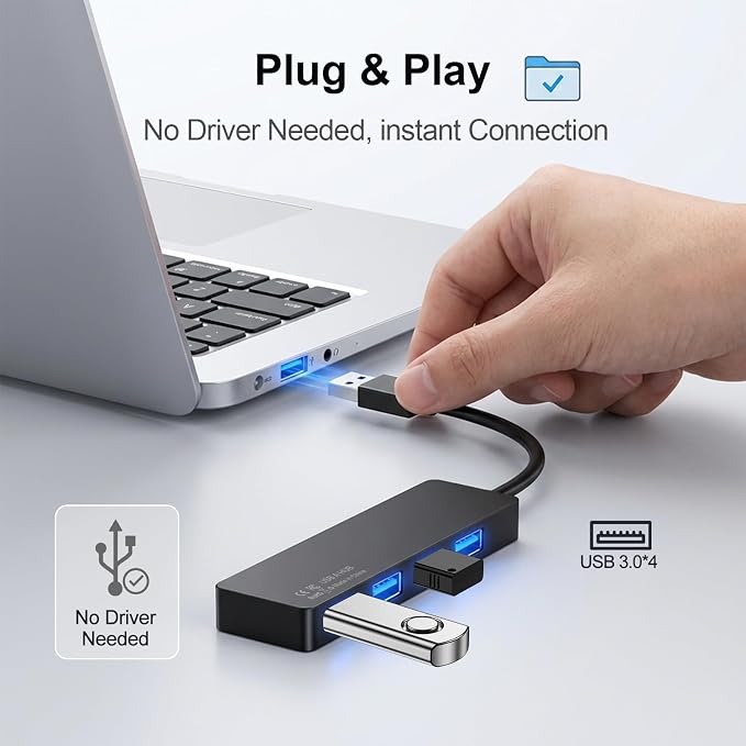 USB 3.0 Hub, 4-Port Multiple USB A Splitter, Plug and Play USB Extender Hub for Laptop/PC/Desktop, Mouse, Keyboard, Flash Drive, U Disk, Printer, Xbox, HDD and More – 0.8FT (Not a Charger)