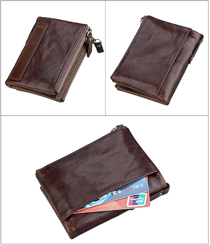 Men's Folding Double Zip Wallet RFID Blocks Retro Short Coin Purse