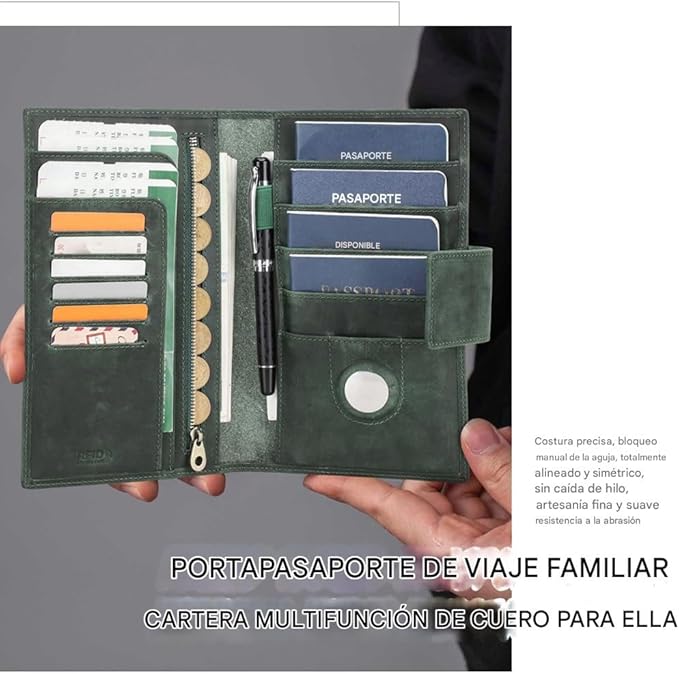 CONTACTS Full Grain Leather RFID Blocking Family Passport Holder for 4 Passport Wallet Compatible with Airtag Travel Passport Cover with 4 Passport Slot, 6 Card Slot (Green)