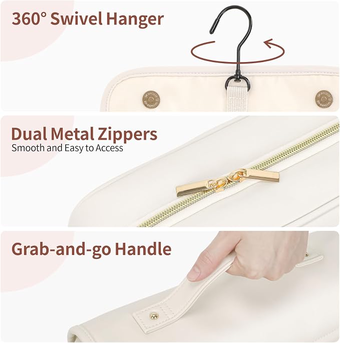 PACKISM Hanging Travel Toiletry Bag - Organizer for Women, Large Off White | Wide Open Access, Hanging Hook, Detachable Pouch, Large Compartments, Waterproof Surface, Cruise Bathroom Travel Storage