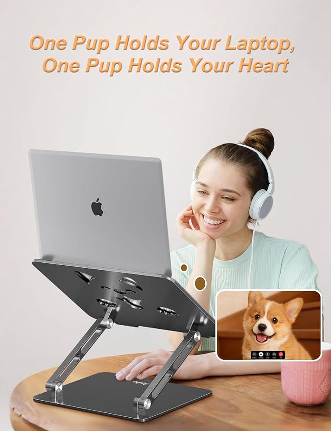 Laptop Stand for Desk-Adjustable, Foldable, Portable, Ergonomic Aluminum Notebook Riser with Unique Puppy Cooling Vent, Desk Gift for 10-17.3" Devices Mac, Dell, HP, Lenovo, Samsung, Gray