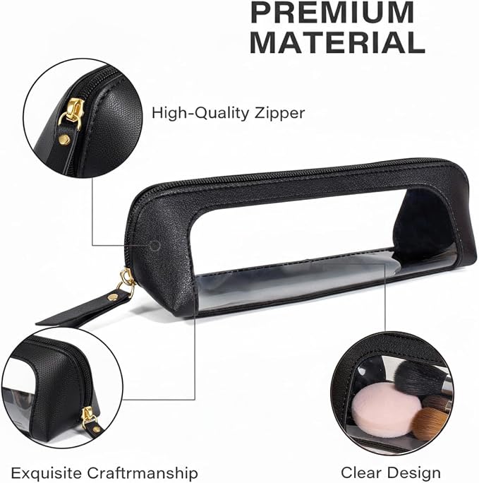 LETGO Small Clear Makeup Bag, PU Leather Travel Makeup Brush Case Portable Transparent Waterproof Cosmetic Organizer Pouch with Zipper for Women Home Travel Office Cosmetic Storage (Chic Black)