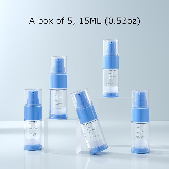 0.5oz/15ml Travel Airless Pump Bottles, 5 Pack Refillable Vacuum Cosmetic Containers with Clear Organizer Case & Labels, Small Lotion Dispenser Bottles for Skincare, Toiletries & Cosmetics