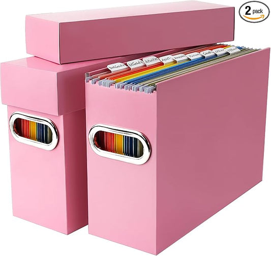 File Organizer Box with Lid & Handle, Thickened Cardboard Hanging File Folder Storage Boxes for Letter Size, Portable Filing Organizer for Office, Home, Classroom, Pink 2 Pack