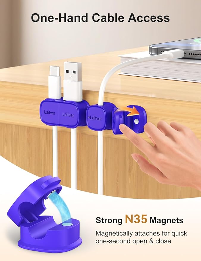 6 Pack Magnetic Cable Clips [1s Open/Lock], Laitver Cord Organizer Holder Strong Adhesive Desk Cable Management- Organize Charging Cords Neatly for Home, Office, Car,Desk, Nightstand-Dark Blue