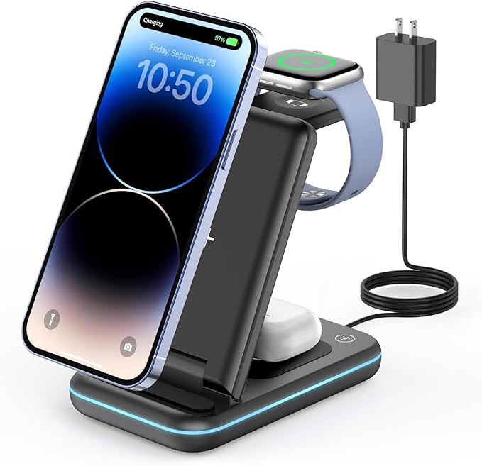 GEEKERA 3 in 1 Wireless Charging Station, Foldable Wireless Charger Stand for Multiple Apple Devices for iPhone 17 16-8, Apple Watch Ultra//11/10/9/SE/8/7/6/5, AirPods Pro/4/3/2