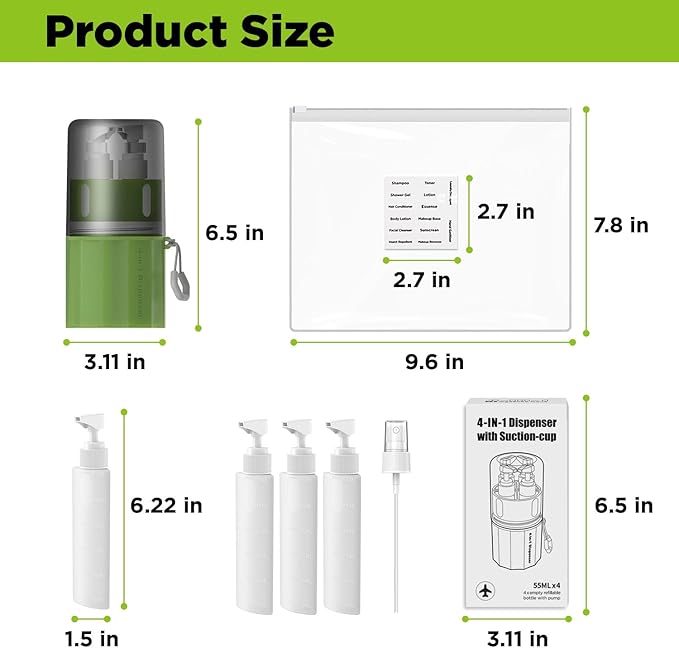 4 in 1 Travel Dispenser Bottle,TSA Approved Refillable Travel Size Toiletries Bottles Set with Suction Cup for Smooth Walls - for Shampoo,Conditioner,Body Wash,Lotion.(Green)