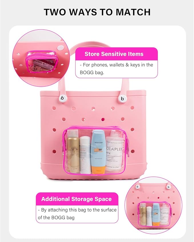 4 Pack Clear Toiletry Bags, Portable Travel Makeup Pouch with Zipper, TSA Approved Organizer, Clear Pouch Bags Compatible With Bogg Bag Divider Accessories (Clear Pink)
