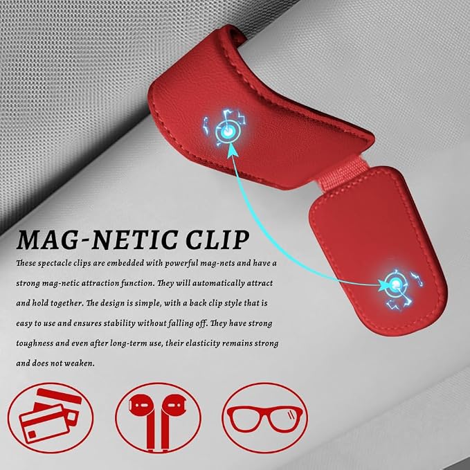 Sunglass Holder for Car, Car Sunglass Holder, Magnetic Leather Sunglasses Holder and Ticket Card Clip, Auto Multi-Functional Sun Visor Eyeglass Holders for SUV Pickup Truck (Red)