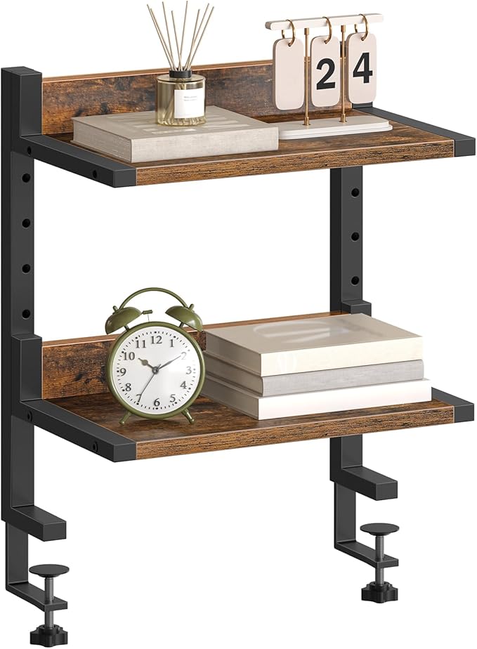 HOOBRO Clamp On Desk Shelf, 2-Tier Desktop Organizer, Space-Saving Desk Shelf with Adjustable Shelves, for Office, Study, Entertainment Accessories, Rustic Brown and Black BF32SJ01