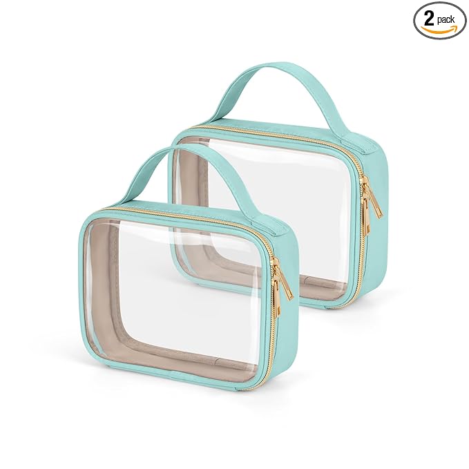 Wedama TSA Approved Toiletry Bag, 2 Pack Clear Makeup Bags with Handles, Quart Size PVC Clear Cosmetic Bags for Women and Men, Carry on Airport Airline Compliant Bag, Cyan Green