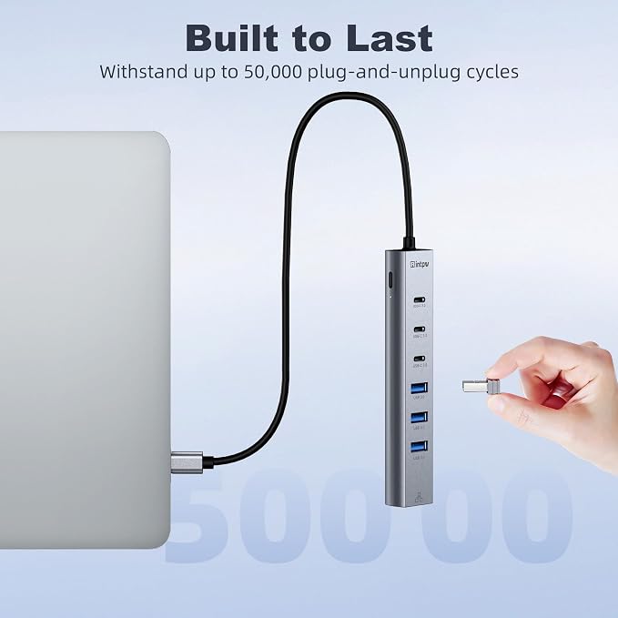 intpw USB C Hub with Ethernet, 8-Port USB Hub 3.0 Multiport Hub with 3 USB-C &3 USB-A Port 5Gbps,USB Splitter, Gigabit Ethernet, Aluminum USB Extender Hub Long Cable for MacBook, Desktop, Laptop, PC