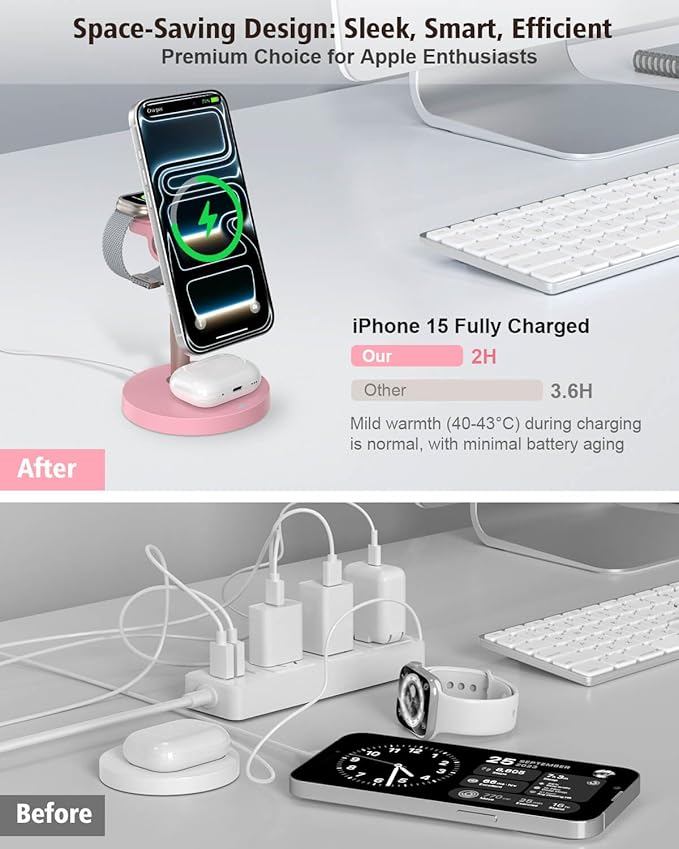 3 in 1 Magnetic Wireless Charging Station, 15W Fast Charger Stand for iPhone, Phone Charger Stand for Desk Nightstand, for iPhone 17/16/15/14/13/12, Apple Watch & AirPods, Adapter Not Included -Pink