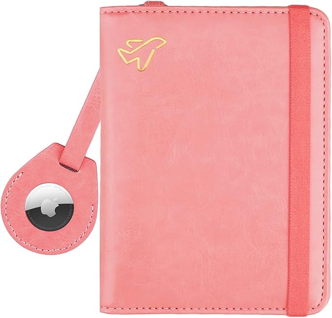 WALNEW AirTag Passport Holder, PU Leather Airtag Wallet RFID Blocking Passport Cover Travel Essentials Case for Women Men (Dark Pink)