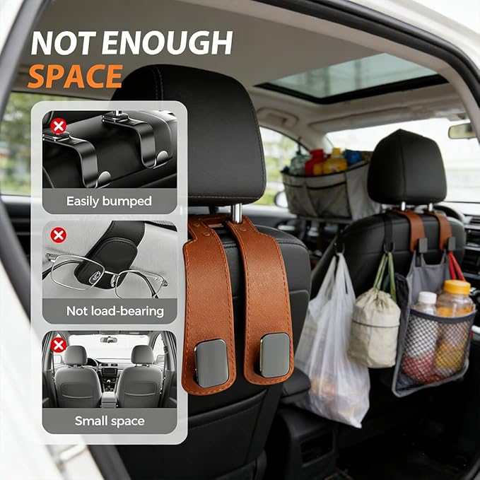 Headrest Hooks for Car, 2 Pack Leather & Metal Car Seat Hooks for Headrest, 50lbs Weight Limit Car Seat Storage Hook, Car Storage Hooks for Purses, Handbags, Grocery Bags, Bottles (Black)