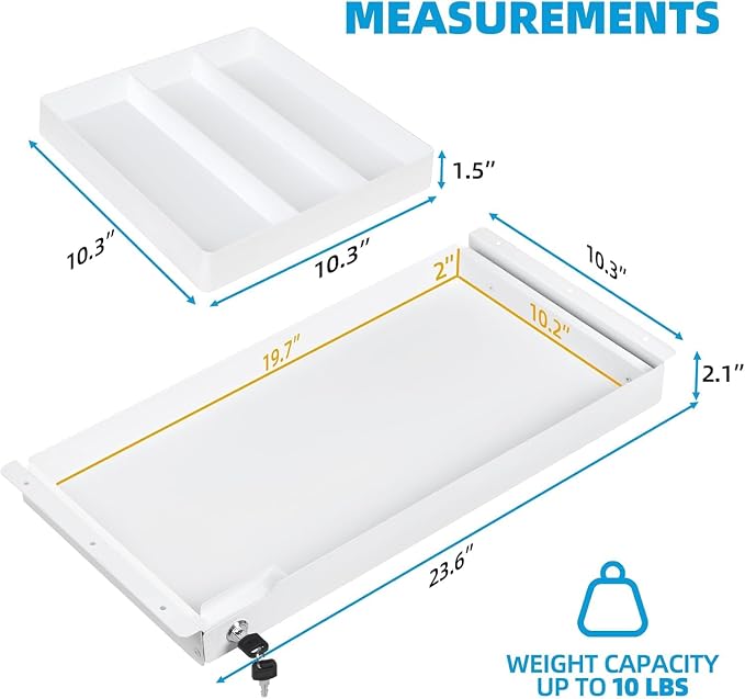 Under Desk Drawer Storage with Lock, Metal Undermount Table Drawer, Ball Bearing Slides Out Tray Organizer for Paper, Pencil, and Laptop 24"x10.3"x2.1", White with Divider
