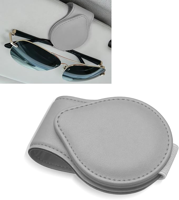 Sunglasses Holders for Car Visor, PU Leather Car Organizer, Magnetic Glasses Holder and Ticket Card Clip, Multi-Functional Auto Sun Visor Eyeglass Holder for Most Vehicles (Grey)