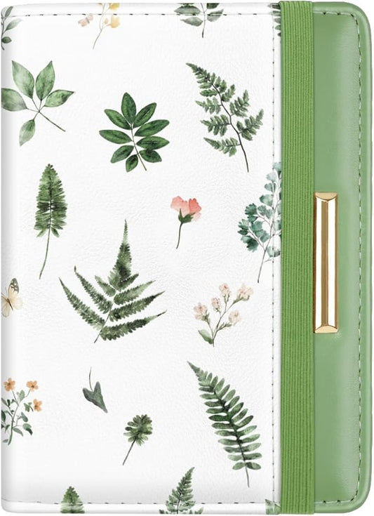 Passport Holder Cover Travel RFID Blocking Passport Cover Cute Flowers Passport Wallet with Elastic Band for Women, Green Plants