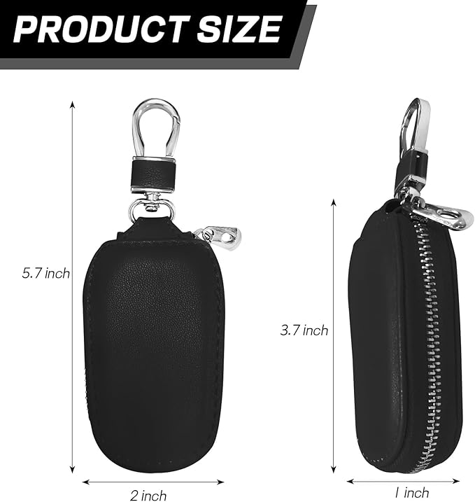 Car Key Case, Genuine Leather Auto Key Fob Protector, Universal Key Fob Cover Case with Metal Hook, Car Smart Keychain Holder for Remote Key Fob, Vehicle Keyring Zipper Bag (Black)