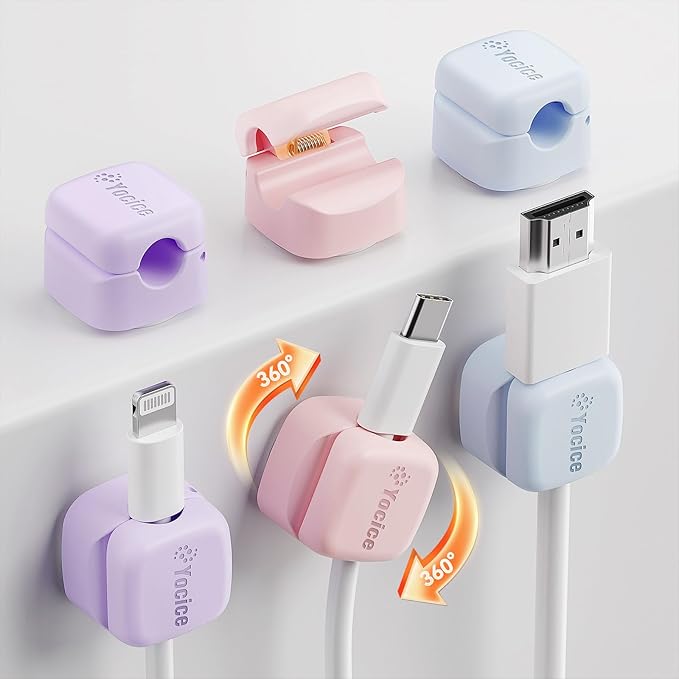 6Pack Rotatable Cord Organizer,Spring Cable Clips Desk Cable Management Cord Holder Adhesive Phone Charger Cord Clips for Home Office Car Wall Nightstand Accessories, Multicolor