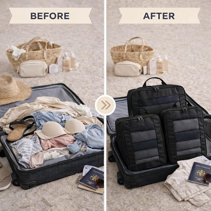 G-FORCE 3PC Compression Mesh Mid-Rectangular Packing Cube Set Black Color | Space Saver Travel Organizer | Luggage Compression Cubes