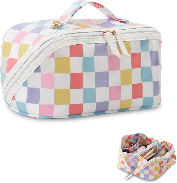 DYSHAYEN Travel Makeup Bag with Compartments Clear Coated Cosmetic Bag for Women, Waterproof Portable Open Flat Toiletry bag （Rainbow Gingham）