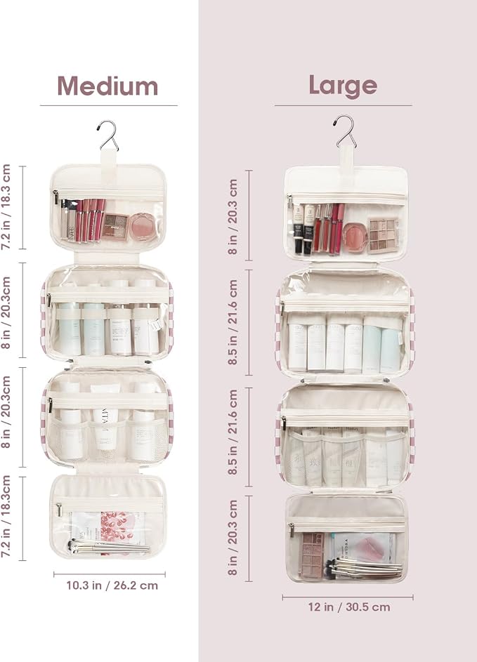 Narwey Hanging Toiletry Bag for Women Travel Makeup Bag Organizer Toiletries Bag for Travel Size Essentials Accessories Cosmetics (Dusty Pink Checkerboard (Medium))
