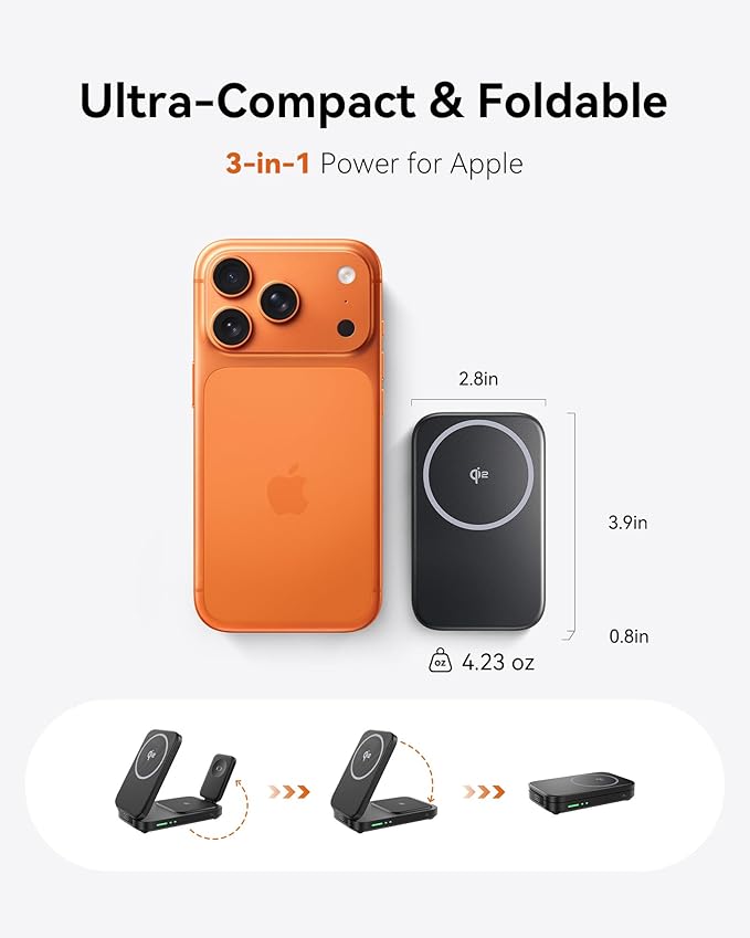 INIU 3-in-1 Charging Station for Apple Device, Qi2 Certified 15W Fast Magnetic Wireless Charger Dock, Travel Charging Compatible with Mag-Safe for iPhone 17 16 15 14 13 12 Series, Apple Watch &AirPods