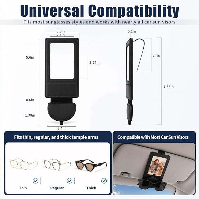 Car Visor Sunglasses Holder with Photo Frame, Magnetic Leather Clip
