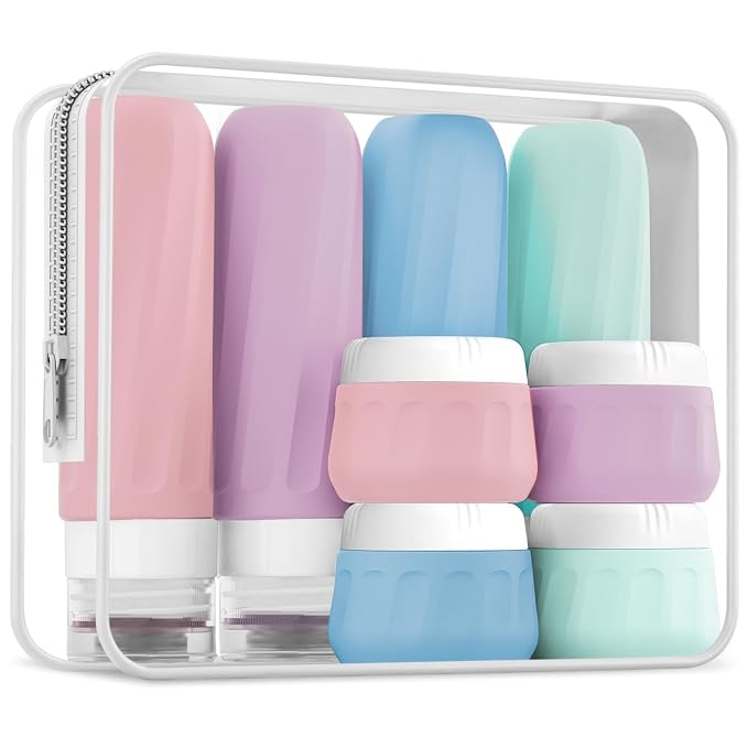 Mrsdry Travel Bottles for Toiletries 8 Pack, Travel Size Toiletries, Tsa Approved Travel Size Containers 3oz, with Travel Essentials Clear Bag, Leak Proof Silicone Squeezable Creams Jars