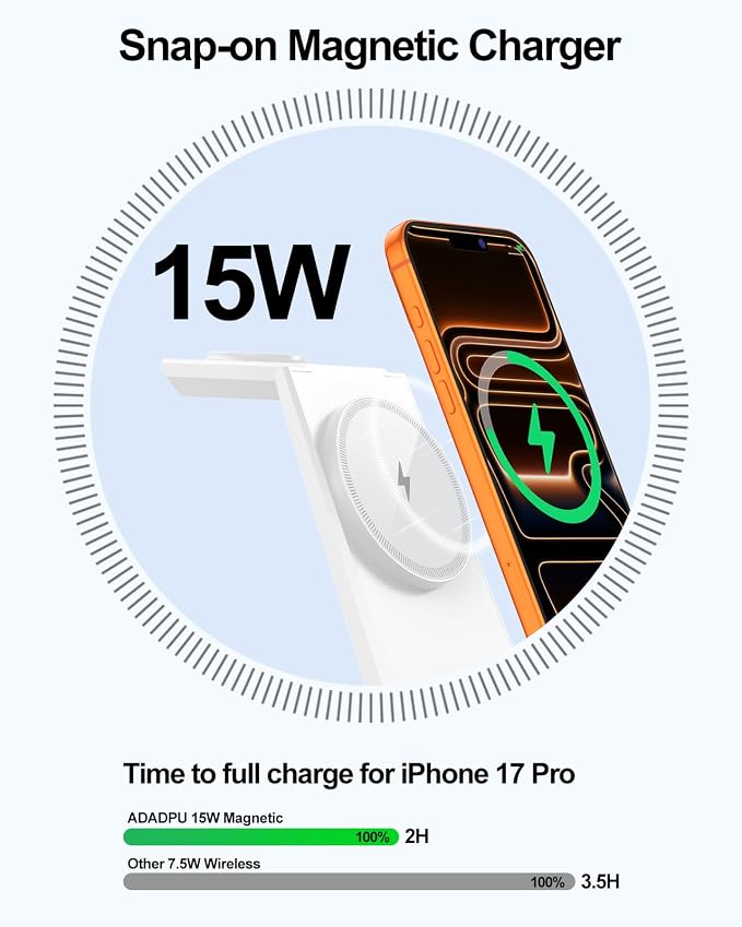 3 in 1 Magnetic Wireless Charging Station - 15W Fast Charging for iPhone 17/16/15/14/13/12, Compatible with MagSafe, for Apple Watch & AirPods, Auto-Dimming Light for Nightstand, Includes 30W Adapter