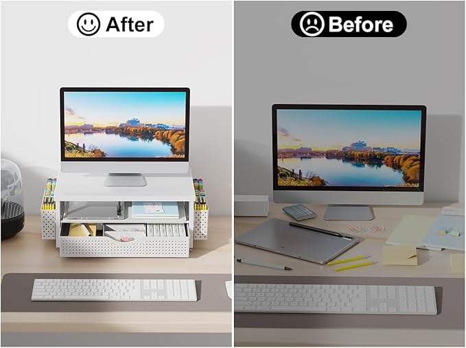gianotter Wood Monitor Stand Riser, Office Desk Shelf Organizer, Desk Organizer with Drawer and Pen Holder, 2-Tier Computer Stand, Office Organization (Matte White)