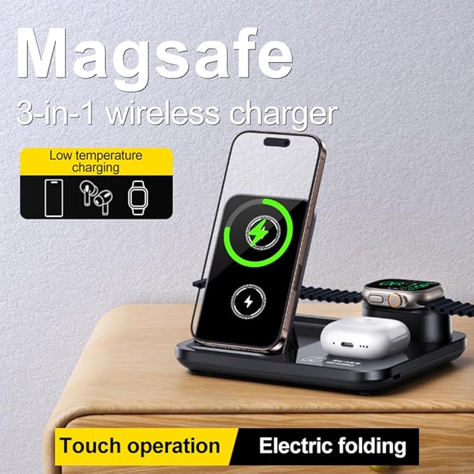 IHAO 3in1 Auto-Rising Wireless Charging Station 15W Fast Charge Ultra-Slim Foldable Design Wireless Charger for Phone Watch Earbud QC3.0 & PD Compatible