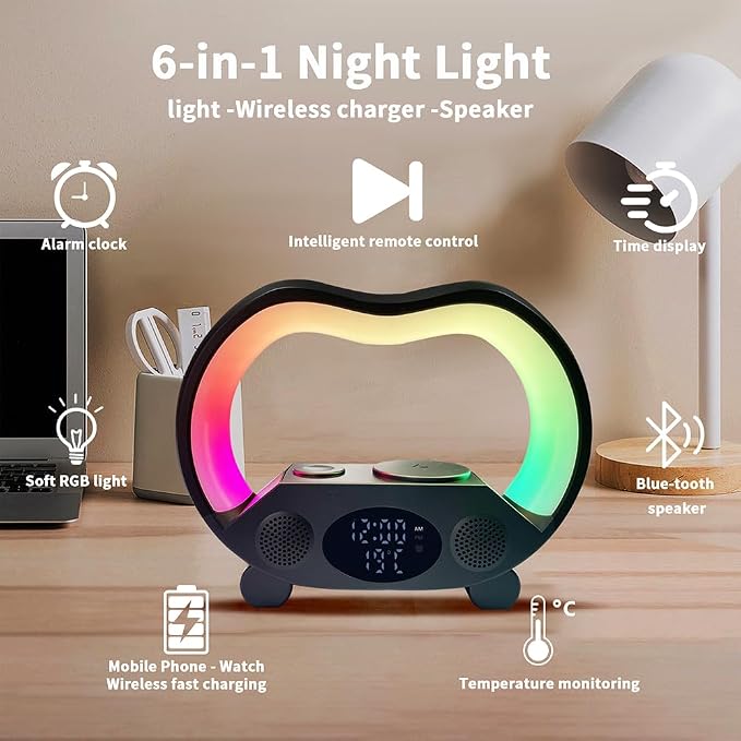 IHAO 6in1 Multi Functional Wireless Charger Bluetooth Speaker Time&Temperature Display Alarm Clock 7-Color LED Night Lights Fast Charger for Phone Apple Watch Earbuds Remote Control-Black