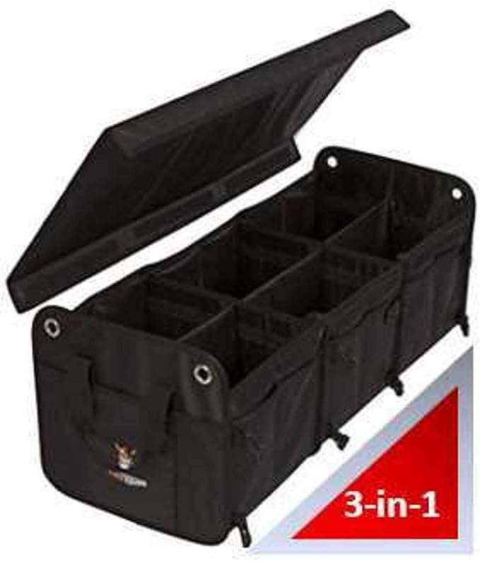Tuff Viking Convertible Large 3 Compartment SUV Trunk Organizer | Truck Bed Organizer with Cover for Trucks, Cars, SUVs and Groceries. PATENTED (4-in-1 with Cover, Black)