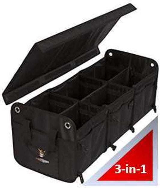 Tuff Viking Convertible Large 3 Compartment SUV Trunk Organizer | Truck Bed Organizer with Cover for Trucks, Cars, SUVs and Groceries. PATENTED (4-in-1 with Cover, Black)