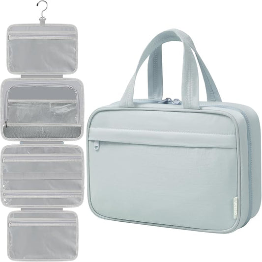 Toiletry Bag for Women, Portable Hanging Organizer, 4 Leakproof Compartments for Full-Sized Conditioners, Brush Sets, Makeup Accessories, Visible and Easy to Access, L, blue