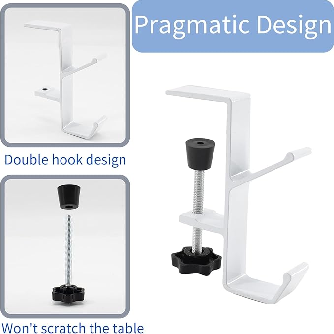 Desk Mount Bag Holder Hook Clamp,On Backpack Hanger Portable Desk Mount Headphones Holder for Reduce Desk Clutter Table Desk Table Hanging Storage (1 Pcs-Double Hook White)