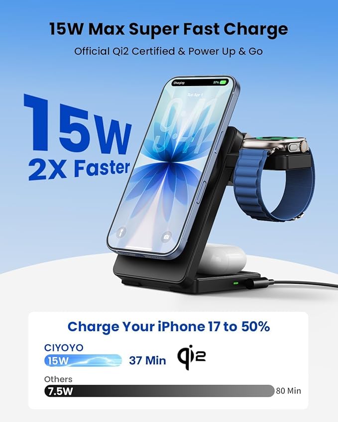 Magnetic Wireless Charging Station for Apple: Upgraded Qi2 Certified 15W 3-in-1 Magsafe Wireless Charger Stand, Foldable Travel Fast Charger for iPhone 17 16 15 14 13 12 Series, Apple Watch, AirPods