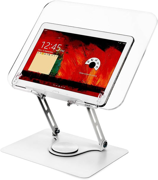 NUOBESTY Adjustable Height Clear Book Stand for Reading Rotating Desktop Holder for Textbooks Laptops and Tablets Ergonomic Design Page Clips and Construction