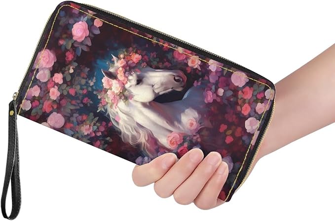 Bulopur Rose Floral Horse Women's Wallet Wristlet Ladies Phone Purse RFID Blocking Card Holder Grip Hand Strap Double Zip PU Leather Waterproof Handbag Purse Gifts