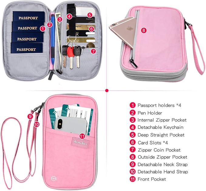 RFID Passport Wallet with Vaccine Card Slot, Family Travel Passport Holder Document Organizer Bag with Wrist & Neck Double Strap