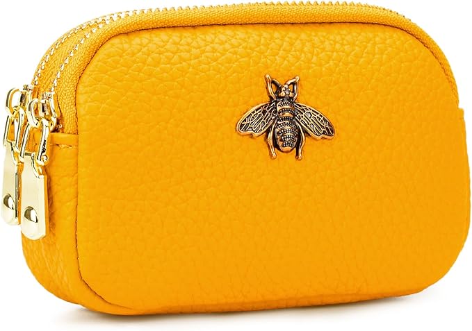 WOZEAH Leather Coin Purse for Women Small 2 Zipper Change Wallet with Key Ring Card Key Coin Cash Holder Pouch(Yellow)