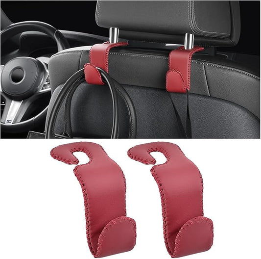 Zpana Car Headrest Hooks, 2PCS Leather U-Shaped Vehicle Purse Storage Hanging Holder for Purses Bags Coats, Automotive Seat Back Storage Organizer Hanger Accessories, Universal Fit (Wine Red)