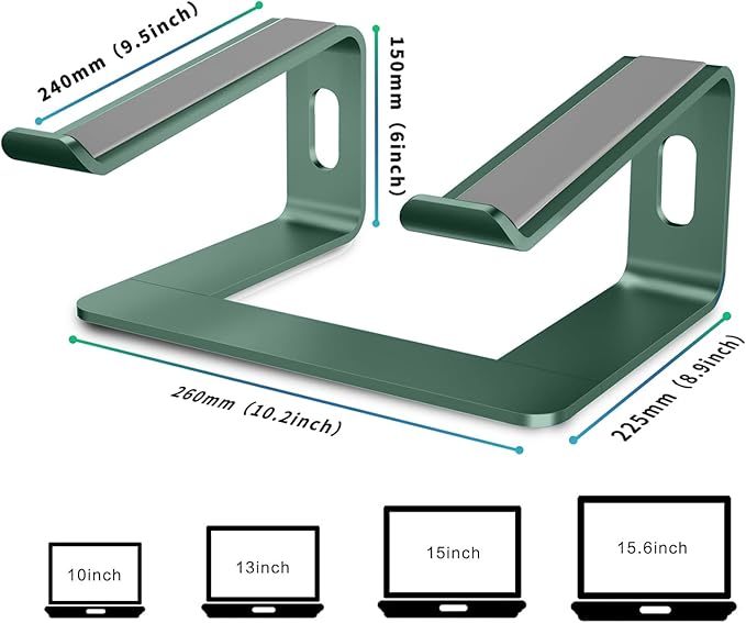 Orionstar Ergonomic Laptop Stand, Premium 5mm Aluminum Riser for 10-15.6 Inch Notebook Computer, Tool-Free Detachable Elevator Holder for Desk Office, Sturdy Riser for Eye-Level Neck Relief, Green