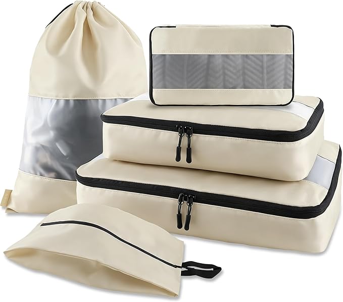 U+U 5 Set Packing Cubes for Travel Essentials Ultralight Luggage Packing Organizers with Laundry Bag and Shoe Bag for Vacation, Business Trip and Camping (Cream)