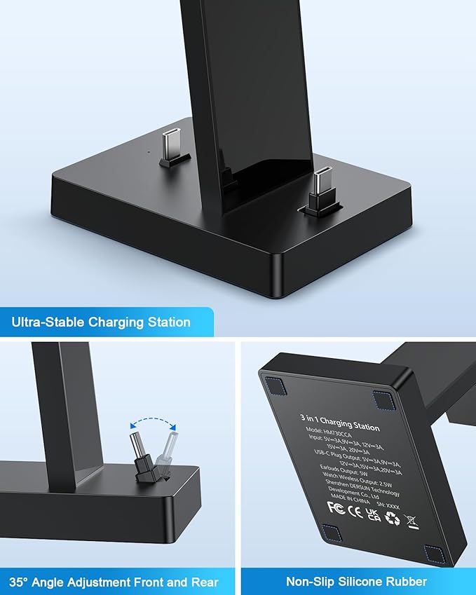 30W Fast 3 in 1 Charging Station for Apple Devices - ADADPU USB C Charger Stand for iPhone 17 16 15 Pro Max Plus & AirPods 4,Wireless Charger Dock Compatible with Apple Watch Ultra/10/9/8/7/6/5/4/3/SE