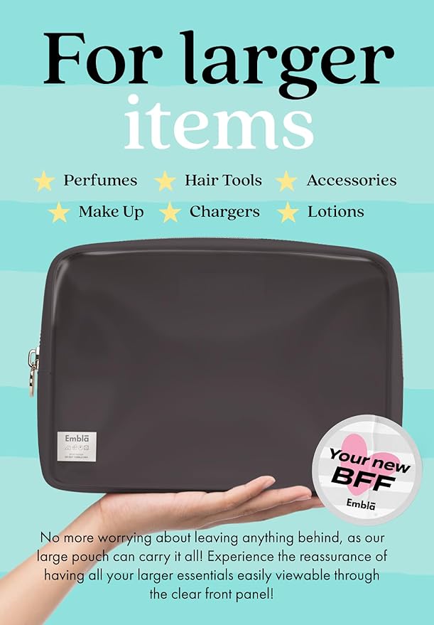 Embla Clear Large Makeup Bag Cute Big Make Up Nylon Pouches Travel Bathroom Bags for Toiletries XL Cosmetic Pouch for Women Girls Extra Large Zipper Toiletry Skincare Organizer Grey
